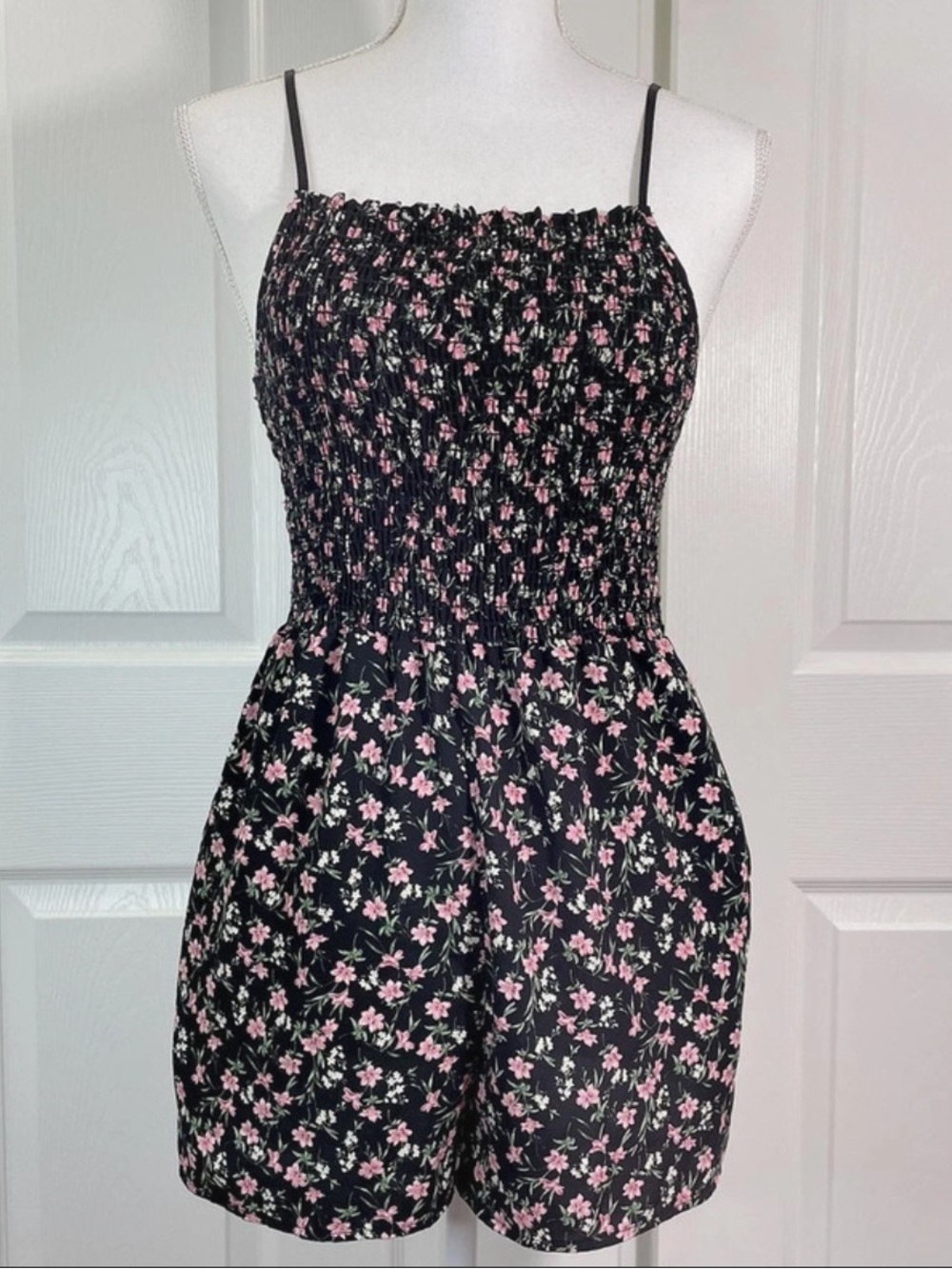 Black Floral Smocked Romper with Pink Flowers